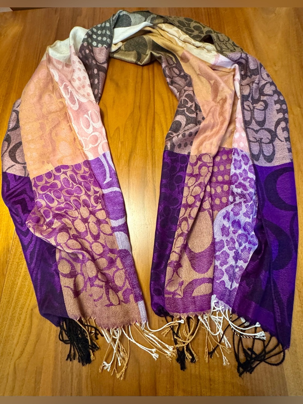 Coach Long Fringed Patchwork Logo Scarf, Pink, Purple and Neutrals